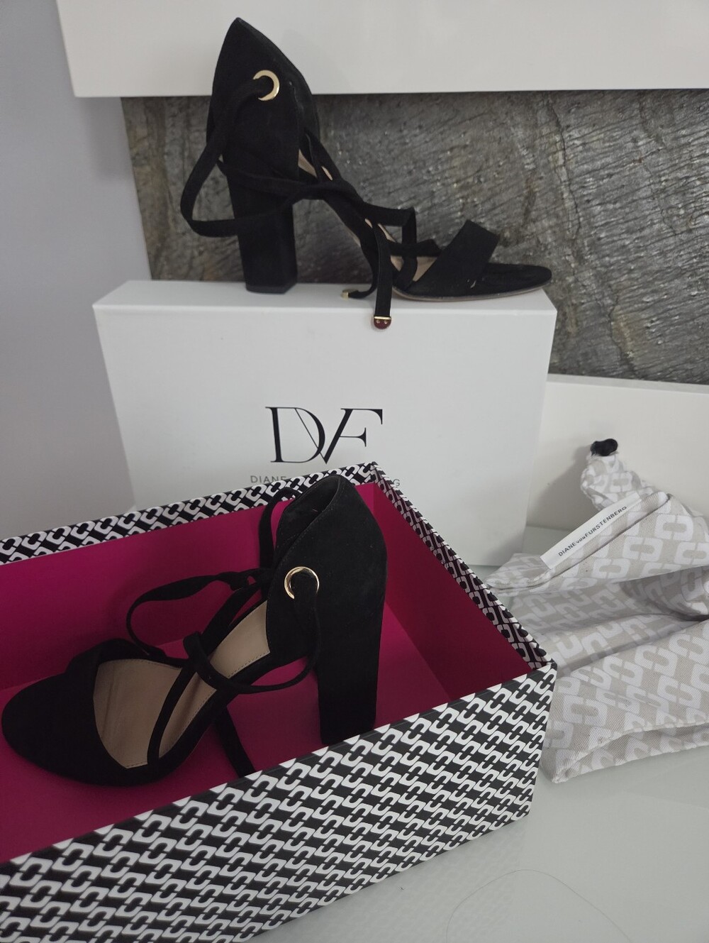 Diane Von Furstenberg Black Suede Lace-Up Block Heels with Gold Eyelets